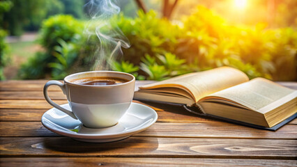 A hot coffee sits on a wooden table next to an open book, perfect for a morning reading break