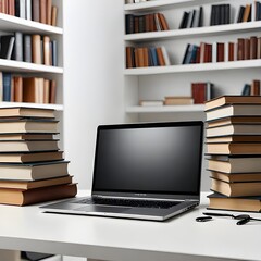 mockup image of laptop with blank screen, on the table by the notebooks and textbooks in a cozy school classroom environment furnishings. Ideal for educational school and university websit