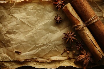 The photo shows a piece of old paper with a cinnamon stick and star anise on the right side. The paper is torn and has a brown background.