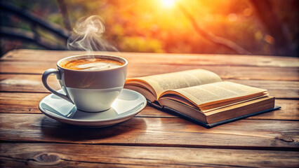 A hot coffee sits on a wooden table next to an open book, perfect for a morning reading break