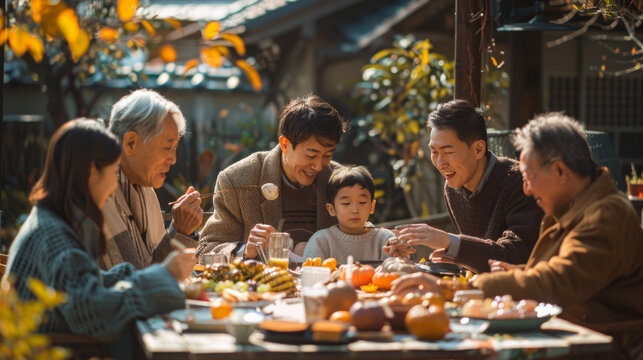 A happy multigenerational Asian family gathers around a festive table, enjoying a meal together in a cozy outdoor setting.
