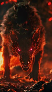 Fierce hellhound prowling, its glowing red eyes piercing through the fiery underworld ambiance.. Vertical video
