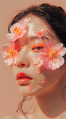 flowery makeup look concept. unique peach colored make up with flowers