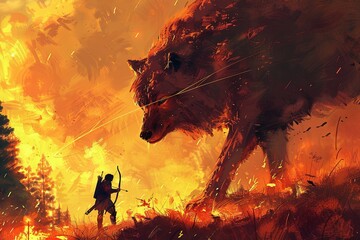 hunter with a bow facing a giant wolf in the fire 