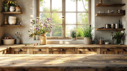 A serene farmhouse kitchen with a large wooden table, weathered cabinets, and a bouquet of wildflowers on the windowsill, catching the morning light.