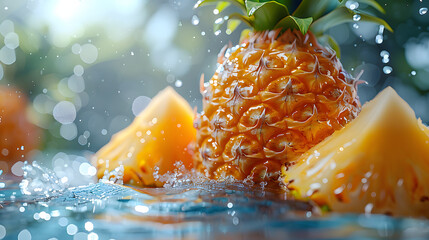  juicy fruit delicious  pineapple and summer blue sky water splash - Powered by Adobe