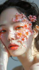 flowery makeup look concept. unique peach colored make up with flowers