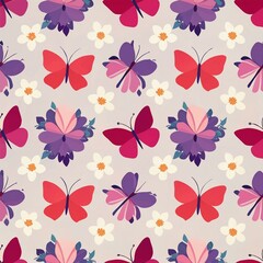 Fototapeta premium elegant seamless pattern with butterflies and blooming flowers and trees. color 