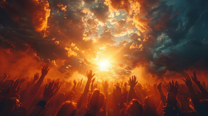 Hands to heaven, group of people with their hands up looking at the sunset,generative ai