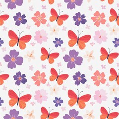 elegant seamless pattern with butterflies and blooming flowers and trees. color 