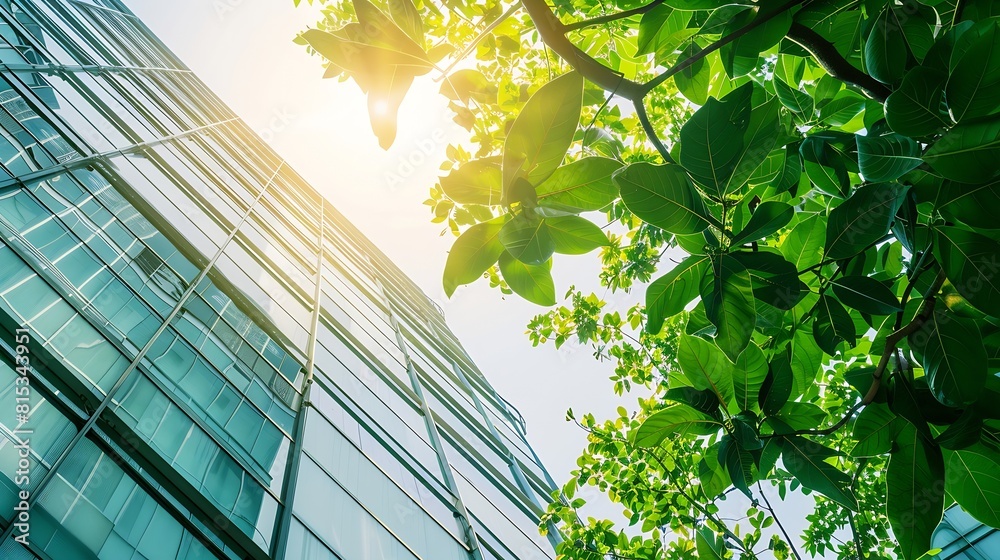 Poster ecofriendly building in the modern city green tree branches with leaves and sustainable glass buildi