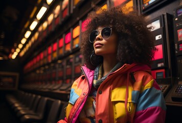 Stylish Woman with Afro Hairstyle and Oversized Sunglasses in Vibrant Coat
