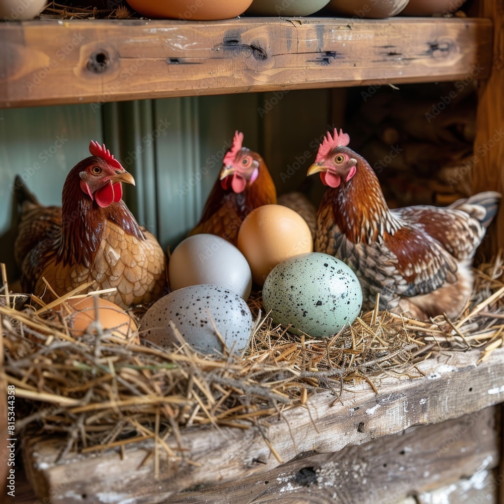 Wall mural hen laying eggs, chicks, green food concept，