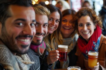 Group of friends drinking beer in a pub or restaurant. Cheerful young men and women drinking beer and having fun.