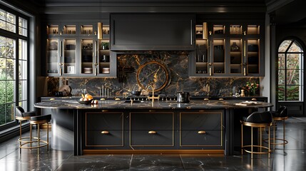A top-down view of a black and gold kitchen showing the geometric arrangement of the cabinetry and a central gold-rimmed black table.