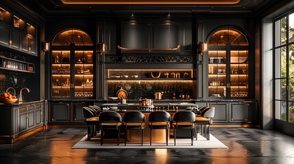 A top-down view of a black and gold kitchen showing the geometric arrangement of the cabinetry and a central gold-rimmed black table.