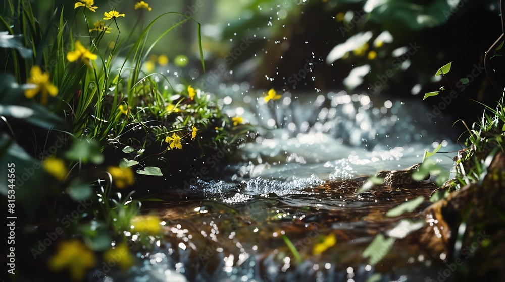 Poster Spring background Stream of water in the forest : Generative AI