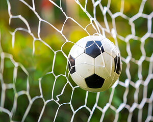 A soccer ball is in the net of a goal.