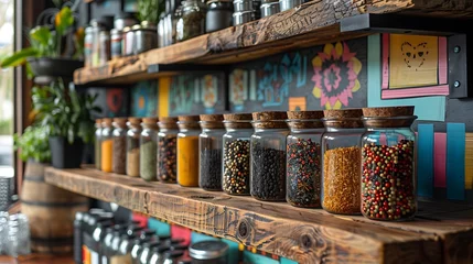 A vibrant boho kitchen scene showcasing a wall covered in eclectic art, with mismatched wooden shelves holding colorful spices and herbs. © LuvTK