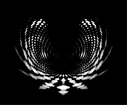 Perforated outline of phoenix wings on black backing. Shift of dotted halftone outline. Imitation of movement, vibration. For logo, brand, frames, edgings, trademarks, stamp, heel. Vector. 
