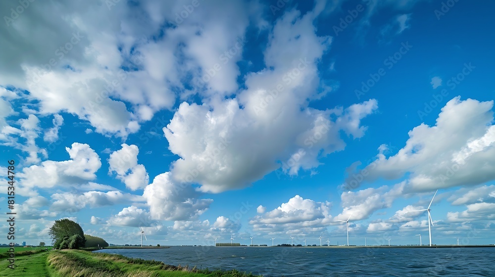 Poster offshore windmill park with clouds and a blue sky windmill park in the ocean aerial view with wind t