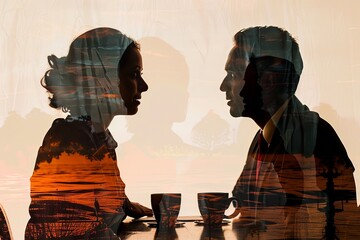 Double exposure portrait of couple having a meeting 