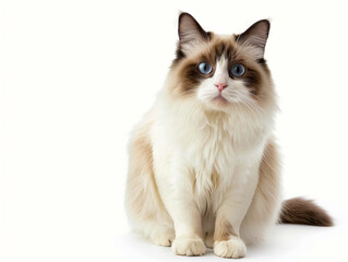 A cat sitting on a white background with blue eyes.