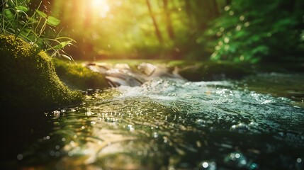 Spring background Stream of water in the forest : Generative AI