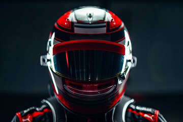 Fototapeta premium A man in a racing helmet with his face in the dark.