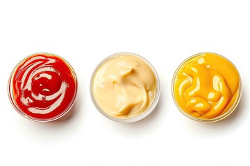 Set of sauces ketchup mayonnaise and mustard isolated on white background top view