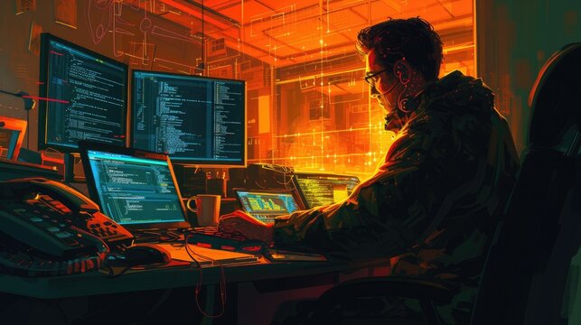 Attractive professional software developer coding program or engineering prompt. Skilled programmer typing computer and laptop while developing system with blurring background. Technology. AIG42.