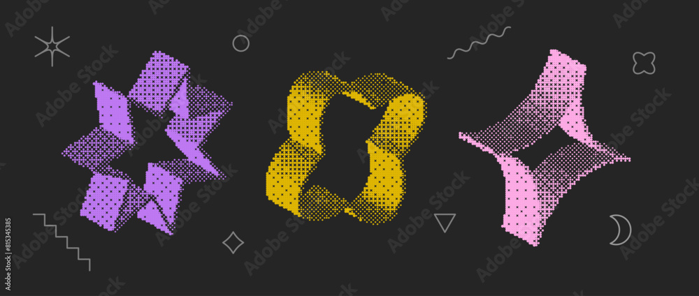 Poster Bitmap textured shape set. Dither halftone objects collection. Colorful 3d flower, star, diamond elements for banner, poster, leaflet. Abstract pixelated raster effect bundle. Vector pack