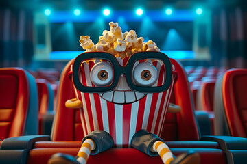 3D illustration of a funny popcorn bucket with 3D glasses watching a movie in an empty cinema.