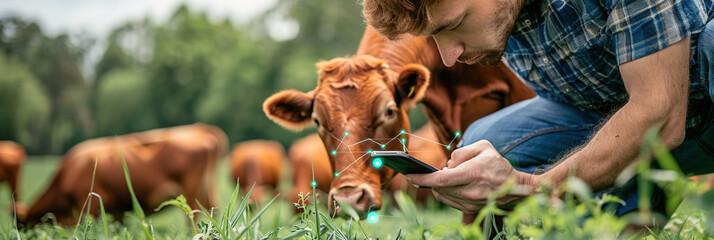Farmer monitoring livestock with sensor technology, optimizing animal health in agriculture.