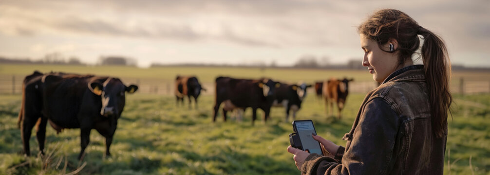 Farmer monitoring livestock with sensor technology, optimizing animal health in agriculture. - Powered by Adobe