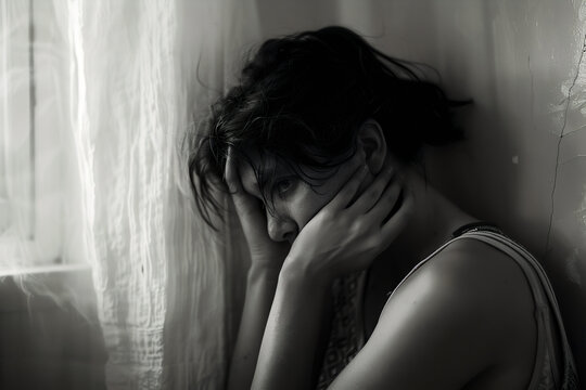 Black and White of Woman Retreating from Reality - Trauma, Mental Illness Concept