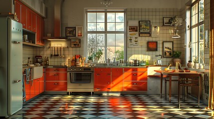 An Art Deco kitchen scene at dusk, with sunset light reflecting off glossy surfaces and casting shadows over geometric patterned floors.