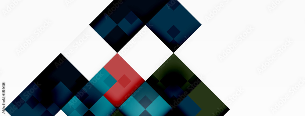 Aufkleber A geometric shape composed of blue and red squares arranged in a triangular pattern on a white textile material. The colors create a bold contrast of violet and magenta hues in the art piece