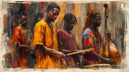 A painting of four men playing drums and a bass