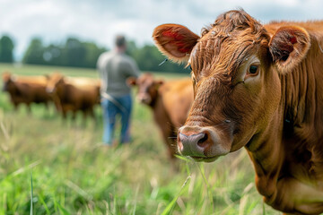 Farmer monitoring livestock with sensor technology, optimizing animal health in agriculture.