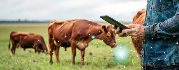 Farmer monitoring livestock with sensor technology, optimizing animal health in agriculture.