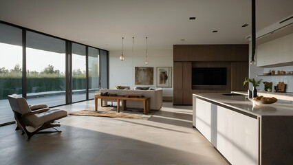 A stylish spacious kitchen and living room with modern minimalist design