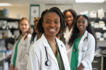 Fototapeta premium A group of young female doctors in white coats stand together, the backdrop is an office with medical equipment visible on the shelves behind them. They come from different ethnicities
