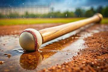 A close-up of a baseball bat resting on a rain-soaked field. 