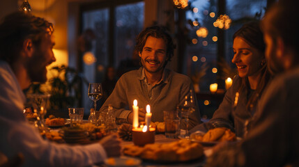 A group of friends enjoy a cozy, candlelit dinner together in a warmly lit room.