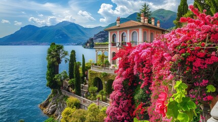 Famous luxury villa Monastero, stunning botanical garden decorated with mediterranean oleander...