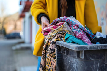 Woman dropping old clothes into textile recycling bin,  circular economy practices.