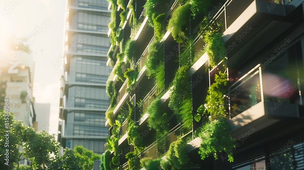 Aufkleber selective focus on tree and eco friendly building with vertical garden in modern city green tree for