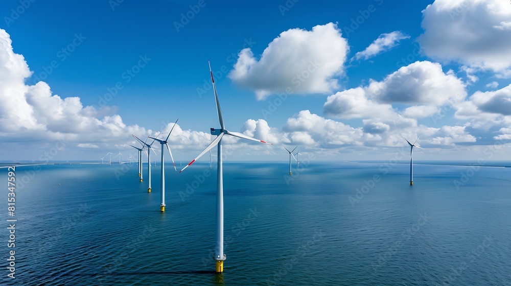 Aufkleber offshore windmill park with clouds and a blue sky windmill park in the ocean aerial view with wind t