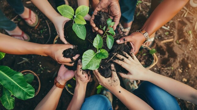 A diverse group of sustainable people holding plants in an eco friendly environment for nature conservation Closeup of hands planting in fertile soil for sustainability and organic far : Generative AI - Powered by Adobe